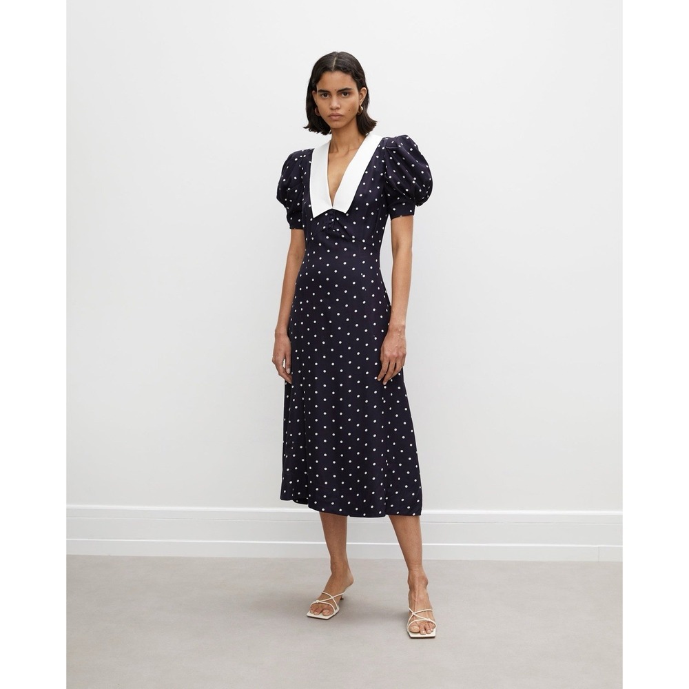 RÓHE Merel Dress Size EU 42 Size US 10/12 L Navy Blue Polka Dot Midi NWOT